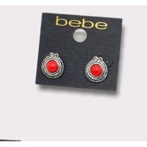 3/$20 SALE Bebe red cabochon in silver setting stud earrings NWT